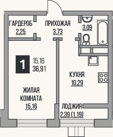 Планировка: 1-к, 34,5 м²