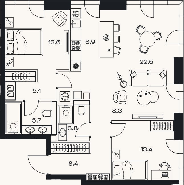 Планировка: 3-к, 90,7 м²