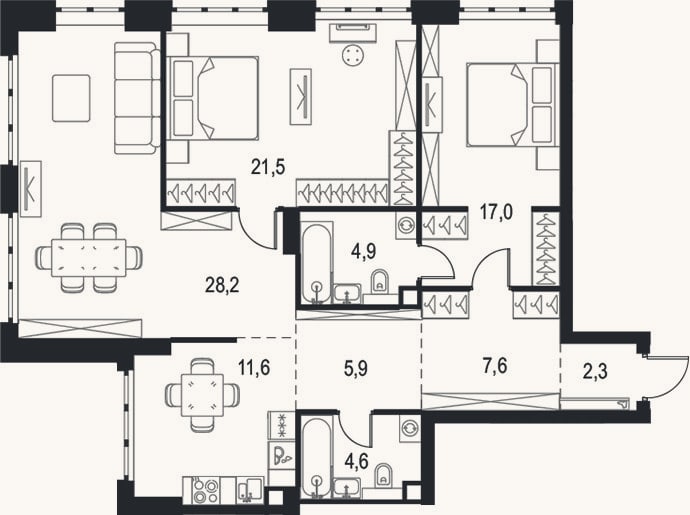 Планировка: 3-к, 103,6 м²