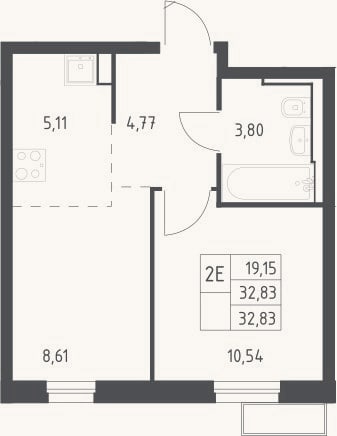 Планировка: 2-к, 32,8 м²