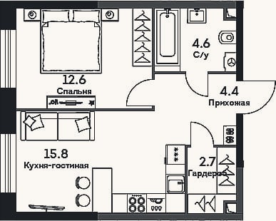 Планировка: 2-к, 40,1 м²