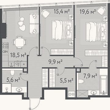 Планировка: 3-к, 82,4 м²