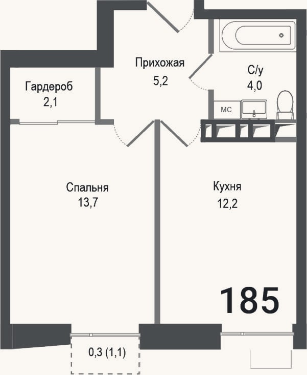 Планировка: 1-к, 37,2 м²