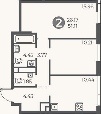 Планировка: 2-к, 51,1 м²