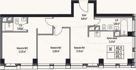 Планировка: 3-к, 69,1 м²