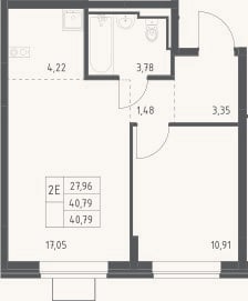 Планировка: 2-к, 40,8 м²