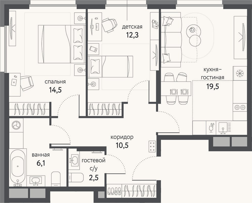 Планировка: 3-к, 65,4 м²