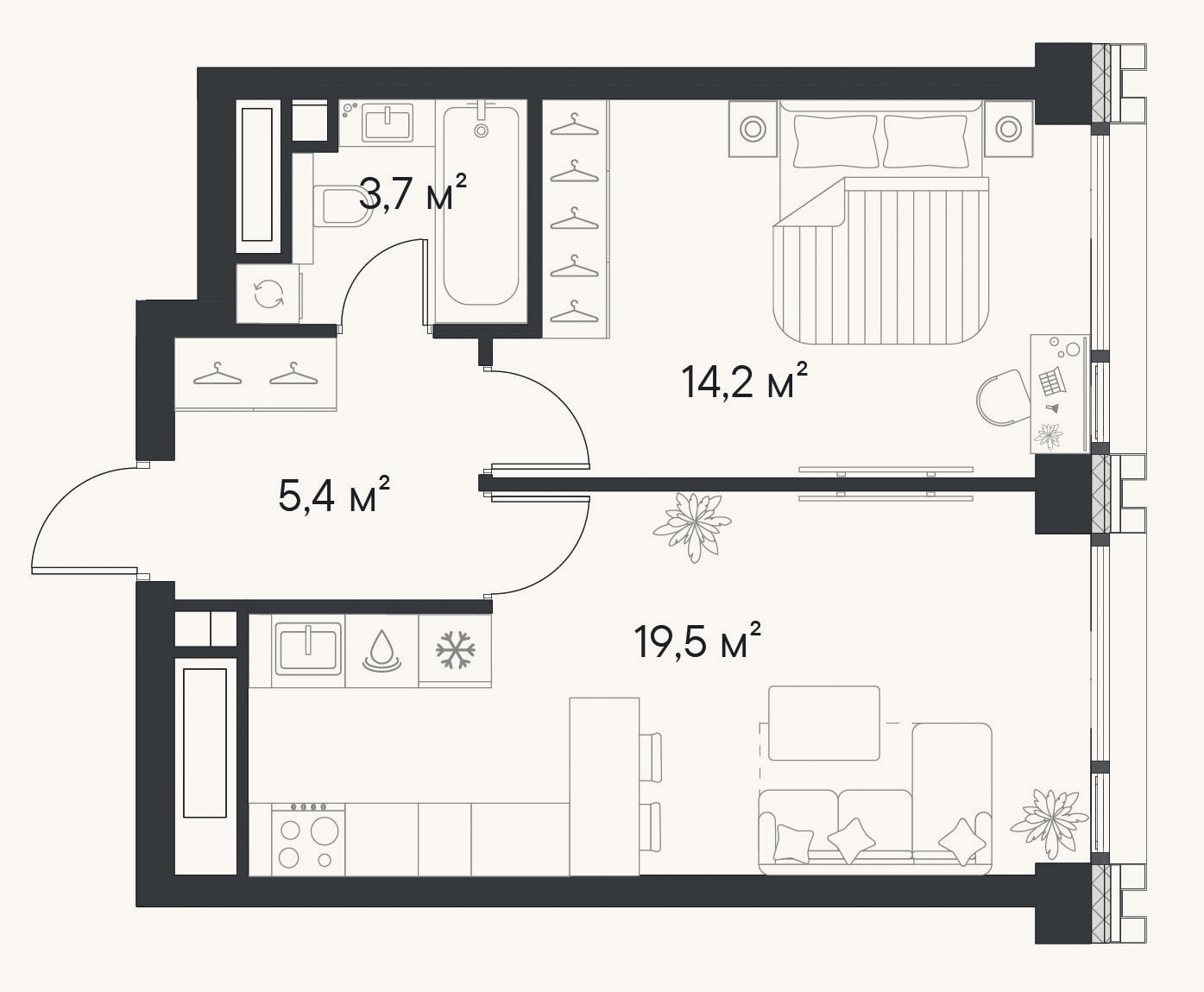 Планировка: 1-к, 42,8 м²