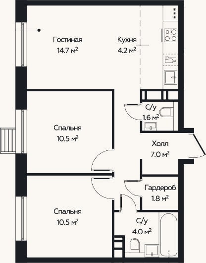 Планировка: 3-к, 53,1 м²