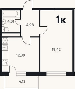 Планировка: 1-к, 40,9 м²