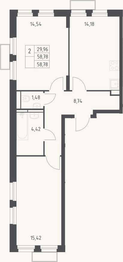 Планировка: 2-к, 58,8 м²