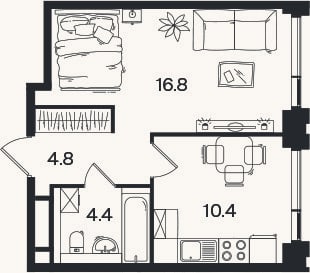 Планировка: 1-к, 36,4 м²