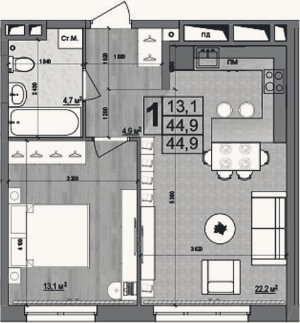 Планировка: 2-к, 44,9 м²