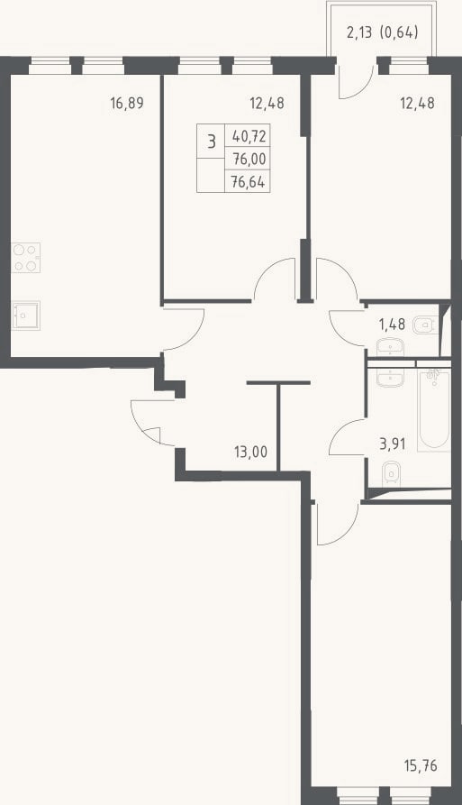 Планировка: 3-к, 74,5 м²