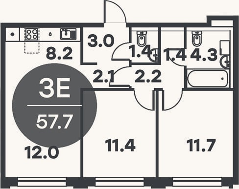 Планировка: 3-к, 57,7 м²