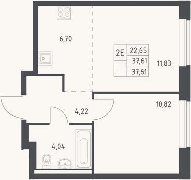 Планировка: 2-к, 37,6 м²