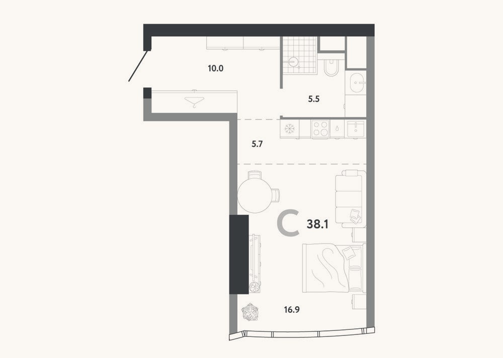 Планировка: Студия, 38,1 м²