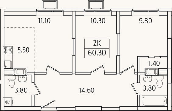 Планировка: 2-к, 60,3 м²
