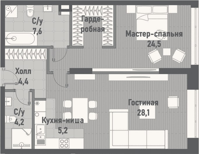 Планировка: 2-к, 74 м²