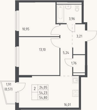 Планировка: 3-к, 54,2 м²