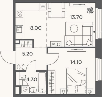 Планировка: 2-к, 45,3 м²