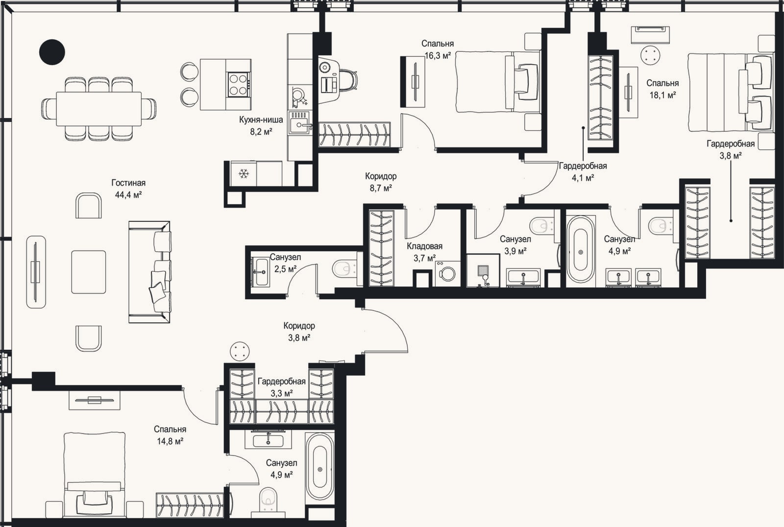 Планировка: 4+ к, 145,4 м²