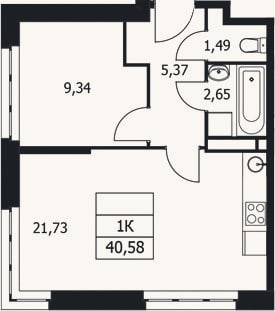 Планировка: 1-к, 40,6 м²