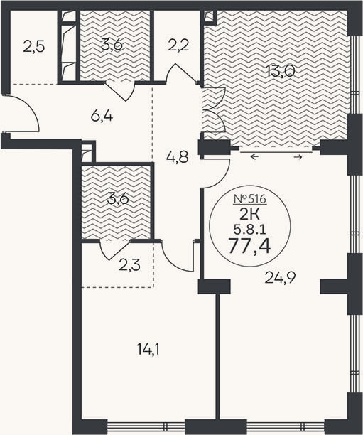 Планировка: 2-к, 77,4 м²