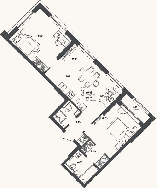 Планировка: 3-к, 64,1 м²