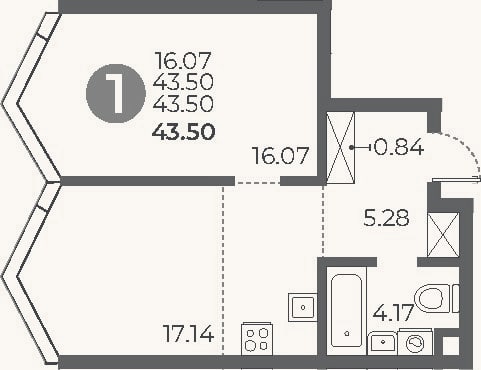 Планировка: 1-к, 43,5 м²