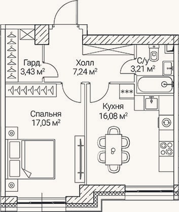 Планировка: 1-к, 47 м²