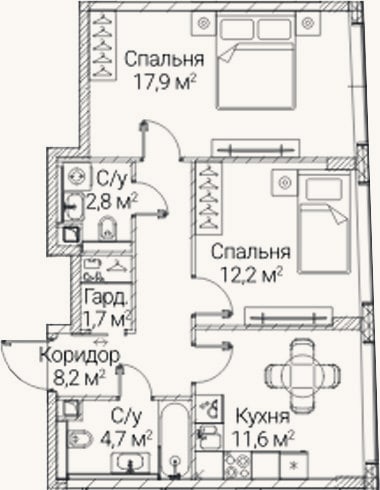 Планировка: 2-к, 59,1 м²