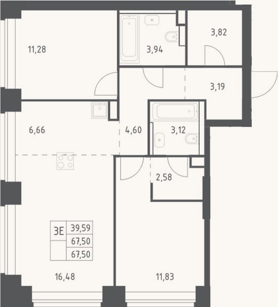 Планировка: 3-к, 67,5 м²