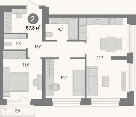 Планировка: 2-к, 64,7 м²