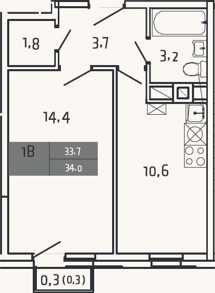 Планировка: 1-к, 33,7 м²