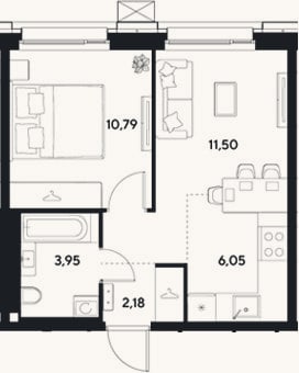 Планировка: 2-к, 34,5 м²