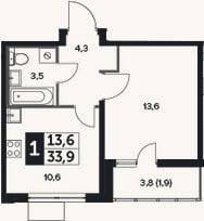 Планировка: 1-к, 32 м²