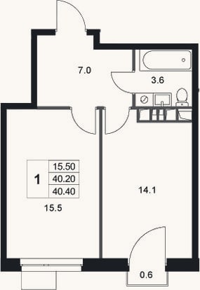 Планировка: 1-к, 40,2 м²