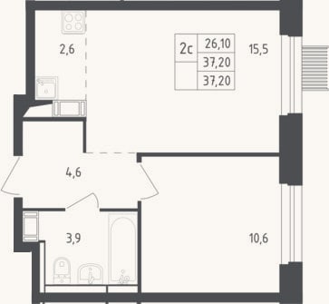 Планировка: 2-к, 37,2 м²