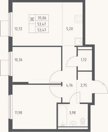 Планировка: 3-к, 53,5 м²