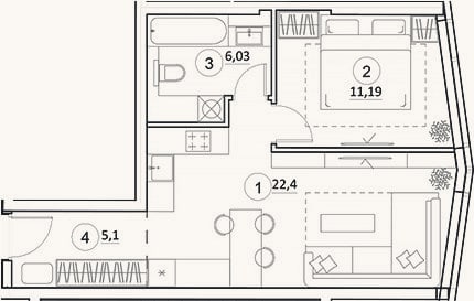 Планировка: 2-к, 44,7 м²