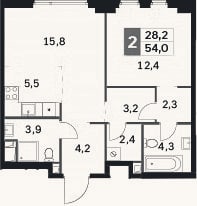 Планировка: 2-к, 54 м²