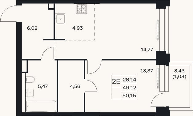 Планировка: 2-к, 49,1 м²