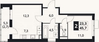 Планировка: 2-к, 43 м²