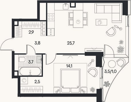 Планировка: 2-к, 52,8 м²