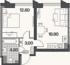 Планировка: 2-к, 37,5 м²