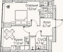 Планировка: 1-к, 39,8 м²