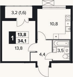 Планировка: 1-к, 32,5 м²