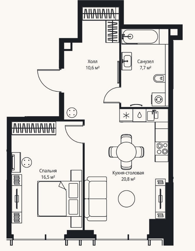 Планировка: 2-к, 55,6 м²