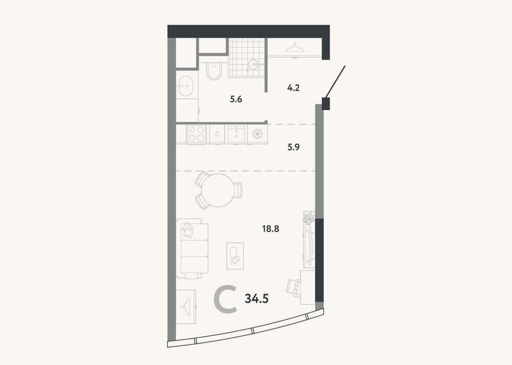 Планировка: Студия, 34,5 м²